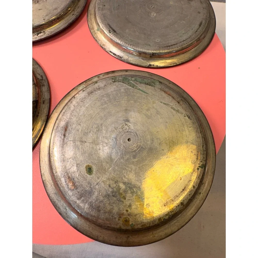 Vintage Etched Metal Coasters Trinket Dishes Set of 4 Floral Mandala Patina